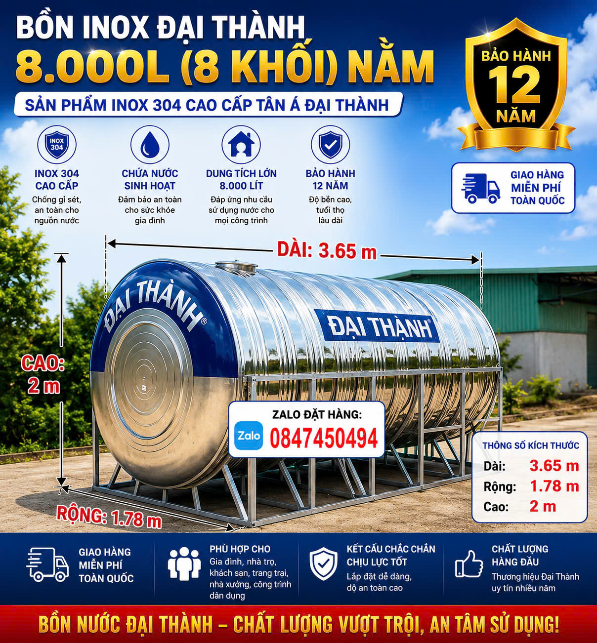 BỒN INOX ĐẠI THÀNH 8.000 LÍT NẰM (8 KHỐI – 8m³) Téc inox 8000 lít nằm đại thành inox 304 cao cấp chính hãng Bồn inox đại thành chính hãng cao cấp bảo hành 12 năm giao miễn phí Toàn Quốc